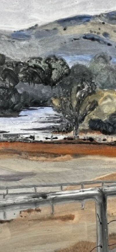 A painting of a house with mountains behind