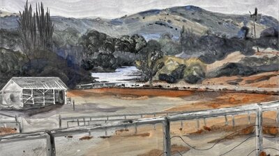 A painting of a house with mountains behind