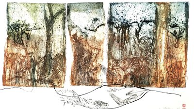 An artistic print of a landscape with trees and grass