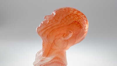Bust of a head facing upwards. Made from layers of orange glass.