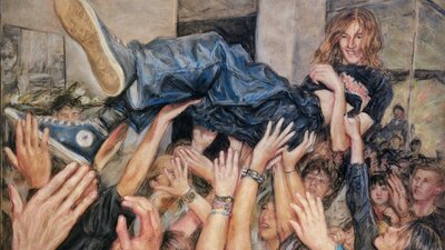 FOR THE KIDS by Alfie Gray A painting of a smiling young person with long hair, jeans and t-shirt, crowd surfing on many hands