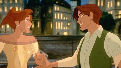 animated image of a male and female character holding hands