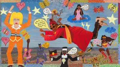 Flying over Indulkana, 2022 Kaylene Whiskey (cropped). © Kaylene Whiskey. AIATSIS Collection. A vibrant acrylic artwork depicting artist Kaylene Whiskey soaring surrounded by colourful elements.