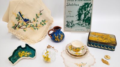A collection of wattle themed objects collected by Dawn Waterhouse