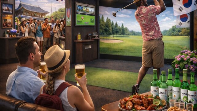 Korean Themed Screen Golf person playing screen golf with audience