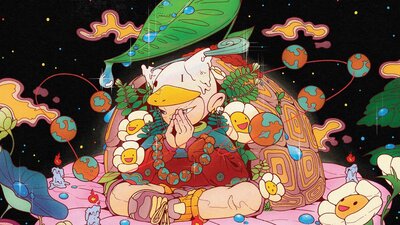 Cartoon illustration of a boy with legs crossed and hands clasped together.