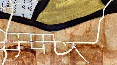 Brenda Hine, Home (detail), 2024. Abstract collage of map from birds eye view