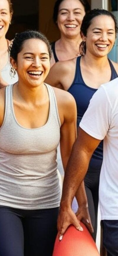 a group of happy people finish yoga class