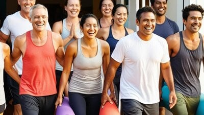 a group of happy people finish yoga class