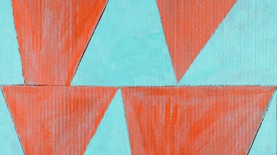 A textured painting of red triangles on a blue background.