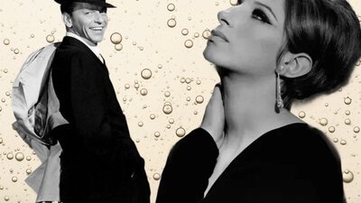 Frank Sinatra and Barbra Streisand in front of champagne bubbles - the show is a celebration
