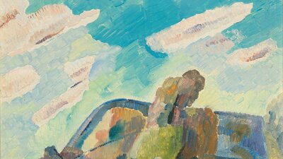 Grace Cossington Smith, Not titled (Landscape), c 1931, National Gallery of Australia A painting of a landscape and cloudy sky, painted with large brushstrokes.