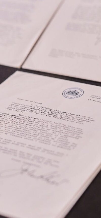 A detail shot of a display case as part of the Dismissal exhibition.