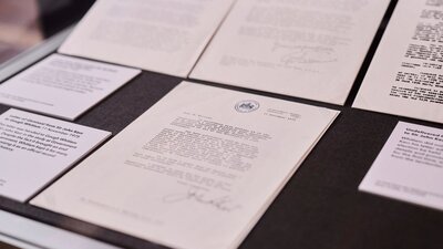 A detail shot of a display case as part of the Dismissal exhibition.