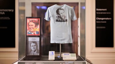 A detail shot of a display case as part of the Dismissal exhibition.