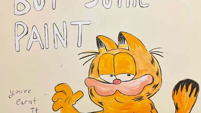 A painting of the cartoon charachter 'Garfield'  with bubble text that says 'Buy some paint'