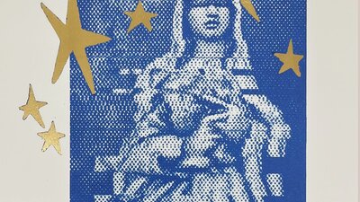 Omar Musa, The Star Of The Sea, 2026 A blue and gold image of a blindfolded Mother Mary and stars