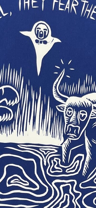 A blue image of a tiger and oxen about to fight