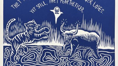 A blue image of a tiger and oxen about to fight