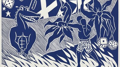 A blue woodcut image depicting a smiling crocodile, boxer and jerry can