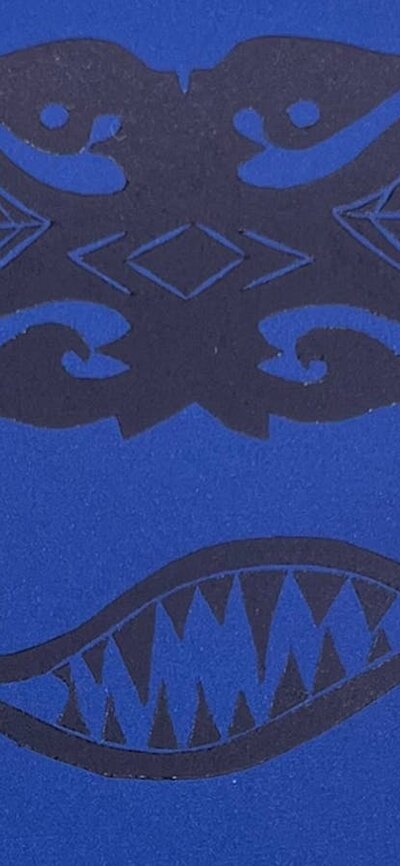 A blue image of a death mask design