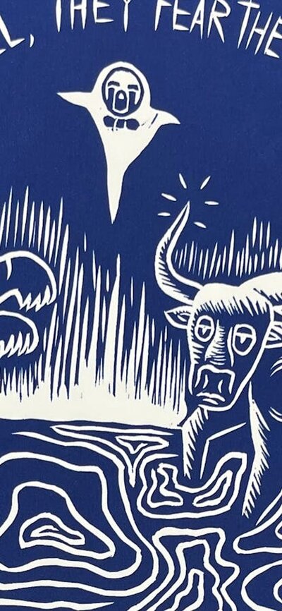 A blue image of a tiger and oxen about to fight