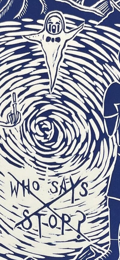 A blue image depicting a boxer and skeleton with cigarette