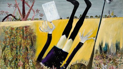Sidney NOLAN policeman in a wombat hole 1946 painting of a ploiceman upsidedown with his head in the ground and a magpie sitting on his rifle