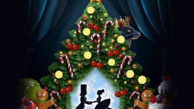 A family-friendly ballet full of Christmas magic and winter-fun. Sensory-friendly session available. A ballerina and nutcracker silhouetted against an opening of a Christmas tree surrounded by desserts