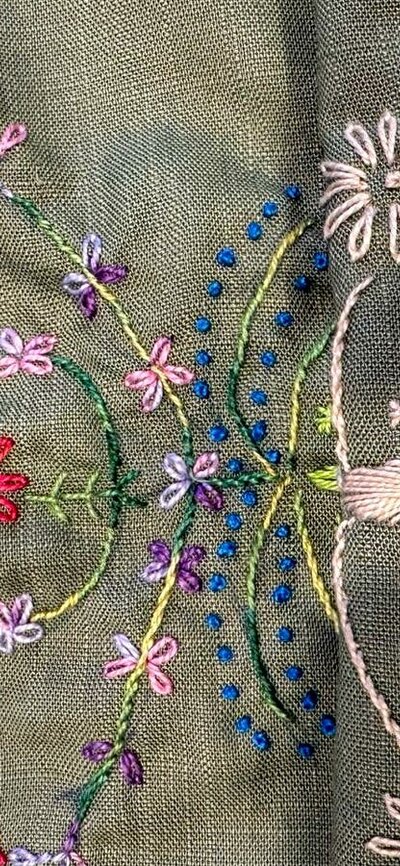 Embroidery flowers on a green fabric background