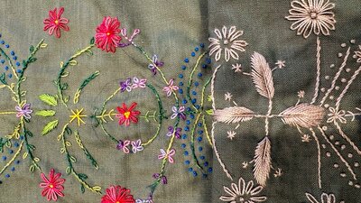 Embroidery flowers on a green fabric background