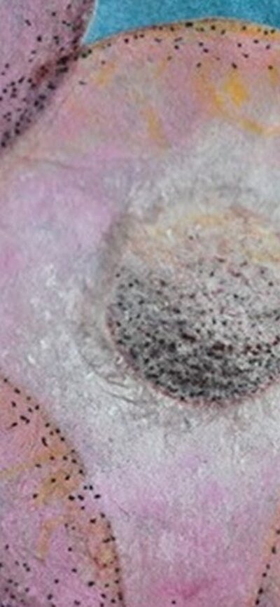 Abstract multimedia work in pen and watercolour. Pink circles on a blue background