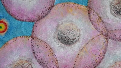 Abstract multimedia work in pen and watercolour. Pink circles on a blue background