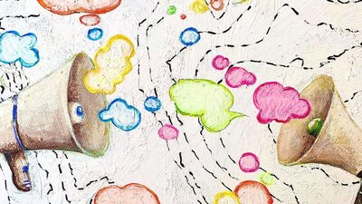 Robyn Veneer Sweeney, From One Hill To Another (detail), 2025. Colourful cartoon style megaphones