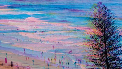 A blue and pink beach scape seen from a high angle. there is a tree on the right