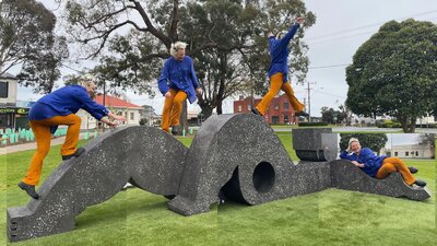 Sanné Mestrom with her sculpture Ludic Folly. Image supplied by the artist. A photograph collage of Sanné Mestrom playing on a sculpture in a park. She is collaged in 4 times.