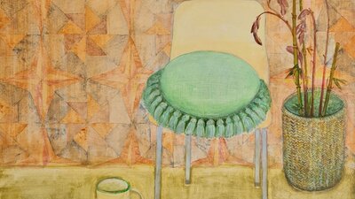 A painting of a spare room with a chair and cushion. On the floor there is a mug and plant