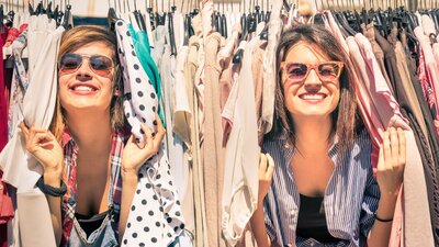 two women smiling peeking through a rack of clothes at an outdoor market