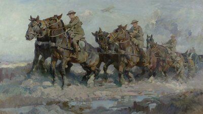 horses pulling guns to transport, soldiers on their backs