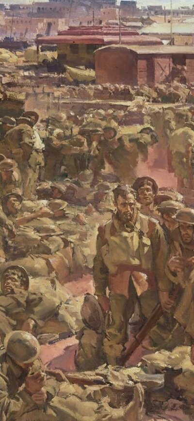 dusty landscape with thousands of soldiers in uniform, buildings in the background