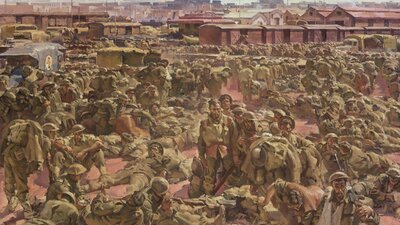 dusty landscape with thousands of soldiers in uniform, buildings in the background