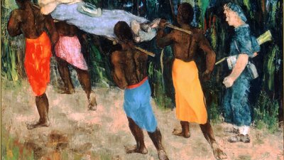 four men carrying wounded soldier