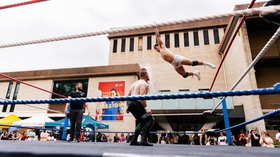 Ring-side action shot of SLAM! Pro Wrestling event