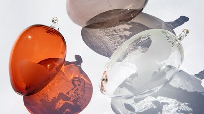 Image of UK Frederick's Unseeded artwork. Hand-blown and etched glass in boab nut shape.