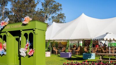 Underground Spirits Gin Garden at Floriade in Canberra, with outdoor bar, seating and spring flowers