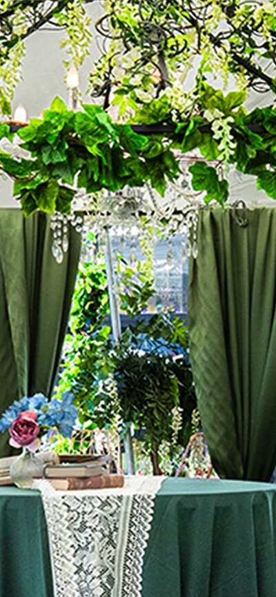 Botanical birdcage dining table for Cocktail High Tea at the Underground Spirits Gin Garden, Floriad
