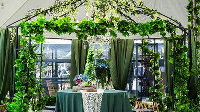 Botanical birdcage dining table for Cocktail High Tea at the Underground Spirits Gin Garden, Floriad