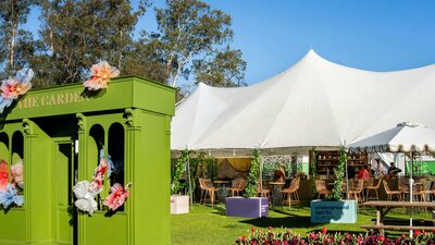 Underground Spirits Gin Garden at Floriade in Canberra, with outdoor bar, seating and spring flowers