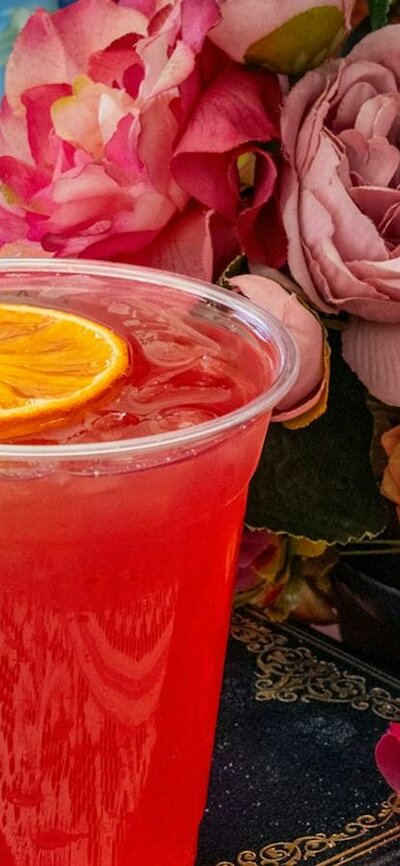 Colourful spring gin cocktail with orange garnish at the Underground Spirits Gin Garden, Floriade Ca