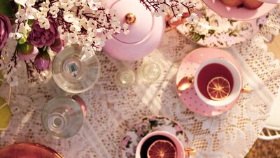 View from above of teapots and cocktails